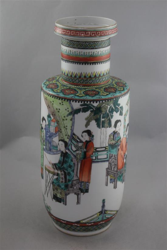 A Chinese famille verte rouleau vase, late 19th century, 45.5cm, restored